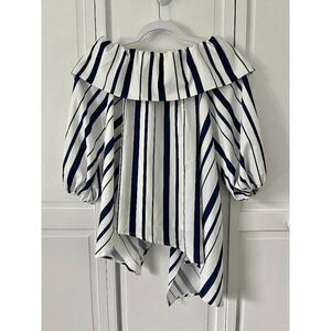 Chloe Off The Shoulder Asymmetric Hem Bishop Sleeve White Blue Blouse Size Small